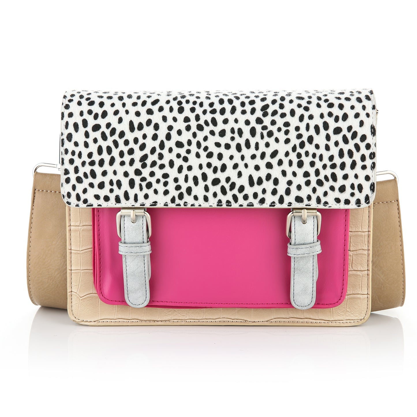 Crossbody Tas met Zwart witte stippen en een fushia kleur voorvak