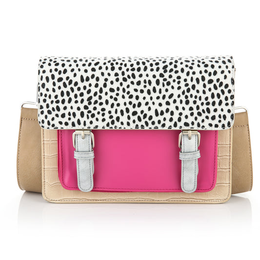 Crossbody Tas met Zwart witte stippen en een fushia kleur voorvak